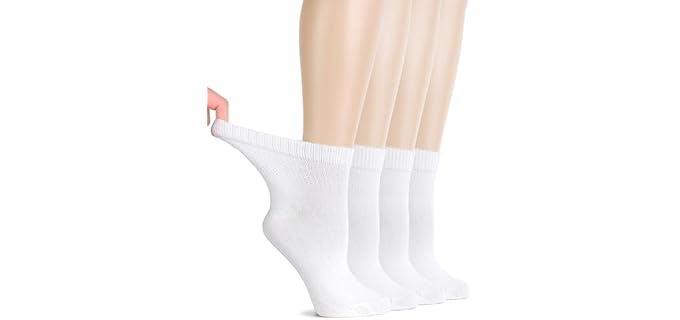 Hugh Ugoli Diabetic Socks for Women, Super Soft & Thin Rayon derived from Bamboo Ankle Socks, Wide & Loose, Non-Binding Top & Seamless Toe, 4 Pairs, White, Shoe Size: 6-9