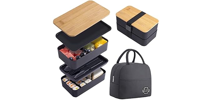 Japanese Bamboo Bento Box with Compartments and Utensils Stackable Lunch Box Includes Lunch Bag for Meal Prep Black