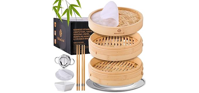 KITCHENCRUST Bamboo Steamer Basket for Chinese Asian Cuisine - 2 Tier 10-Inch Steaming Basket Bun Vegetable Steam, Dumpling Steamer bamboo steam basket, Sauce Dish, Chopsticks, Reusable Liners, Ring