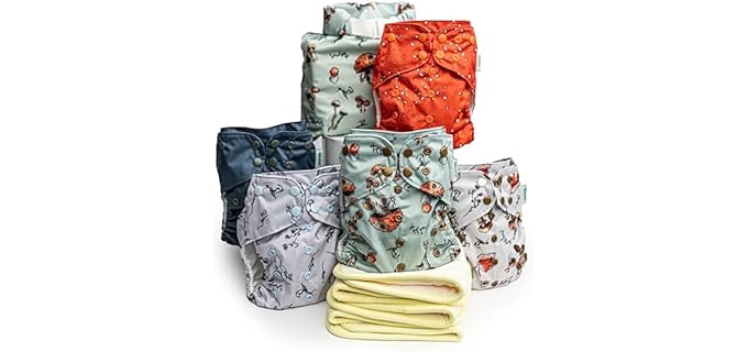 Kinder Cloth Diapers Set of 5 Reusable Baby Diapers Pocket Style Athletic Wicking Jersey, Bamboo Viscose Inserts, Wet Bag, Newborn to Potty Training 7-60lbs, One Size (Forest Fairytale)