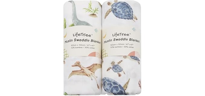 LifeTree Muslin Swaddle Blankets, Baby Swaddling Wrap Nursery Blanket for Boys & Girls, Soft 70% Viscose from Bamboo and 30% Cotton, Large 47 x 47 inches, Sea Turtle & Dinosaur