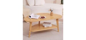 NAVREX Mid Century Modern Coffee Table for Living Room, FSC Certified 100% Solid Wood Oval Coffee Table with Storage, Pet-Friendly Coffee Tables (Natural)