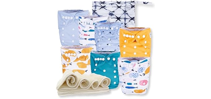 Nora's Nursery Cloth Diapers 7 Pack with 7 Inserts & 1 Wet Bag - Waterproof Cover, Washable, Reusable & One Size Adjustable Pocket Diapers for Newborns and Toddlers - Reel Me in