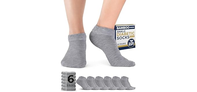 Pembrook Bamboo Viscose Ankle Diabetic Socks for Women and Men - 6 Pairs, Neuropathy Socks for Women, Super Soft, Moisture Wicking, Gray