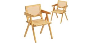 Rattan Chairs Set of 2, Bamboo Rattan Dining Chair, Solid Wood Comfy Armchairs, Woven Cane Back, Mid Century Modern Armchair, Vintage Decorative Boho Chair for Kitchen, Bedroom, Living Room, Entryway