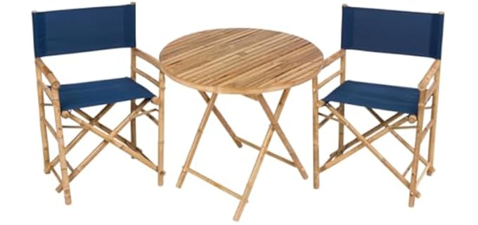 Zew Bamboo Bistro Set of Handcrafted Round Director Umbrella Hole V2023 Set of 1 Table and 2 Chairs, Navy Canvas