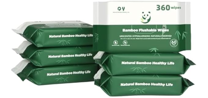 QingYa Bamboo Flushable Wipes,Septic Safe,Soft, Soothing Botanicals & Aloe, Unscented,Eco Friendly, Natural Brown Bamboo-Pulp Based Flusable Wipes for Women/kids/Adults 360Count (6 Packs of 60)