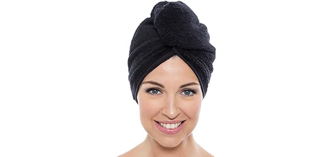 Texere Women's Viscose from Bamboo and Cotton Terry Hair Towel - Lightweight, Absorbent Quick Drying Hair Wrap - Twist Towel with Elastic Loop Holder (Tya, Black, U)